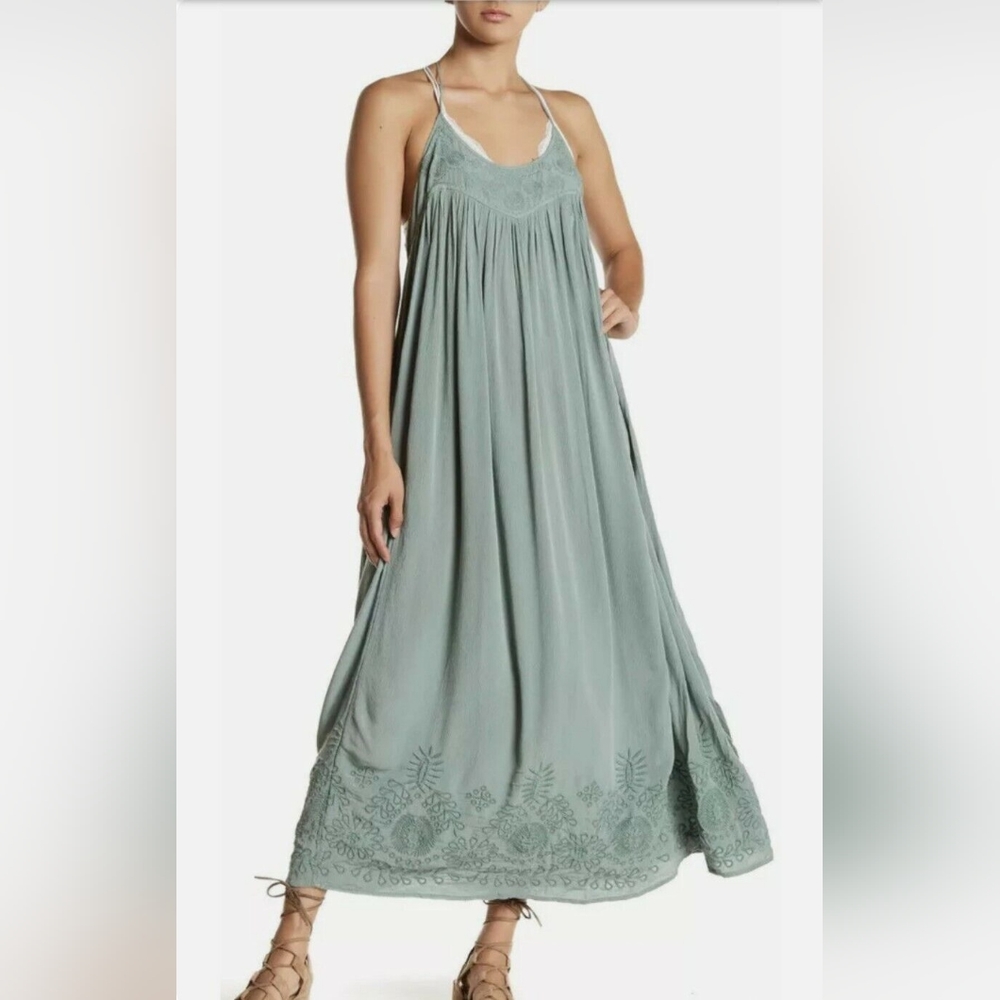 Intimately Free People Elaine Sage Green Halter Embroidered Maxi Dress Large